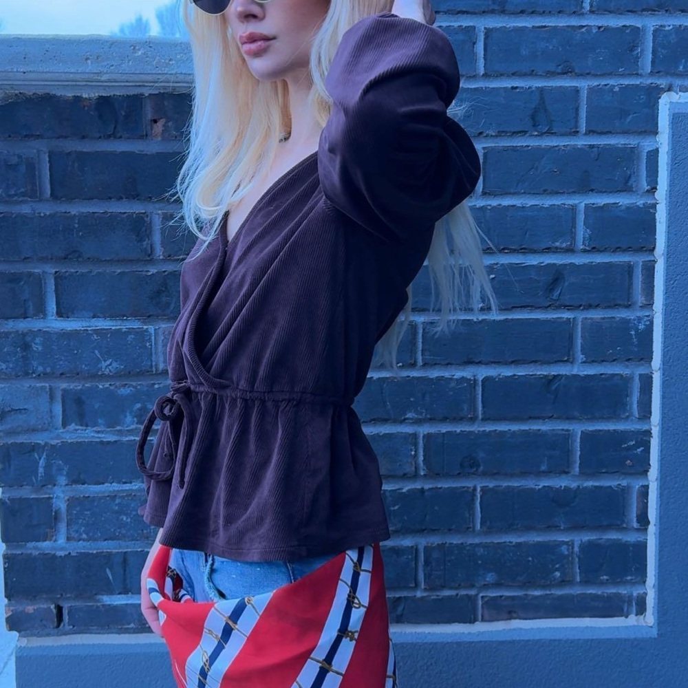 Madewell Corduroy Fuji Wrap Front Tie Top Size S Brown Raisin Stretch